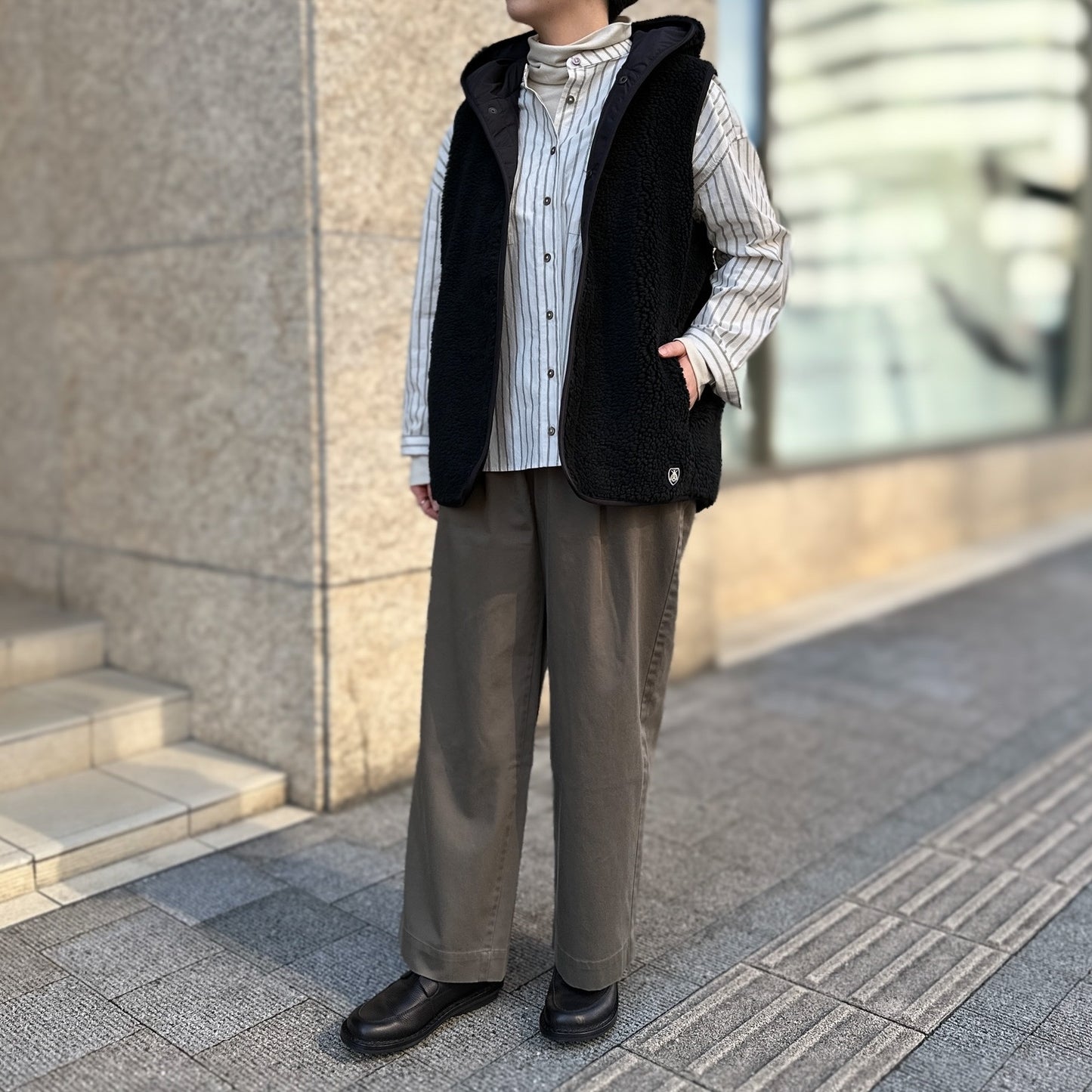 ダブルワッシャーストライプ 台衿ブラウス