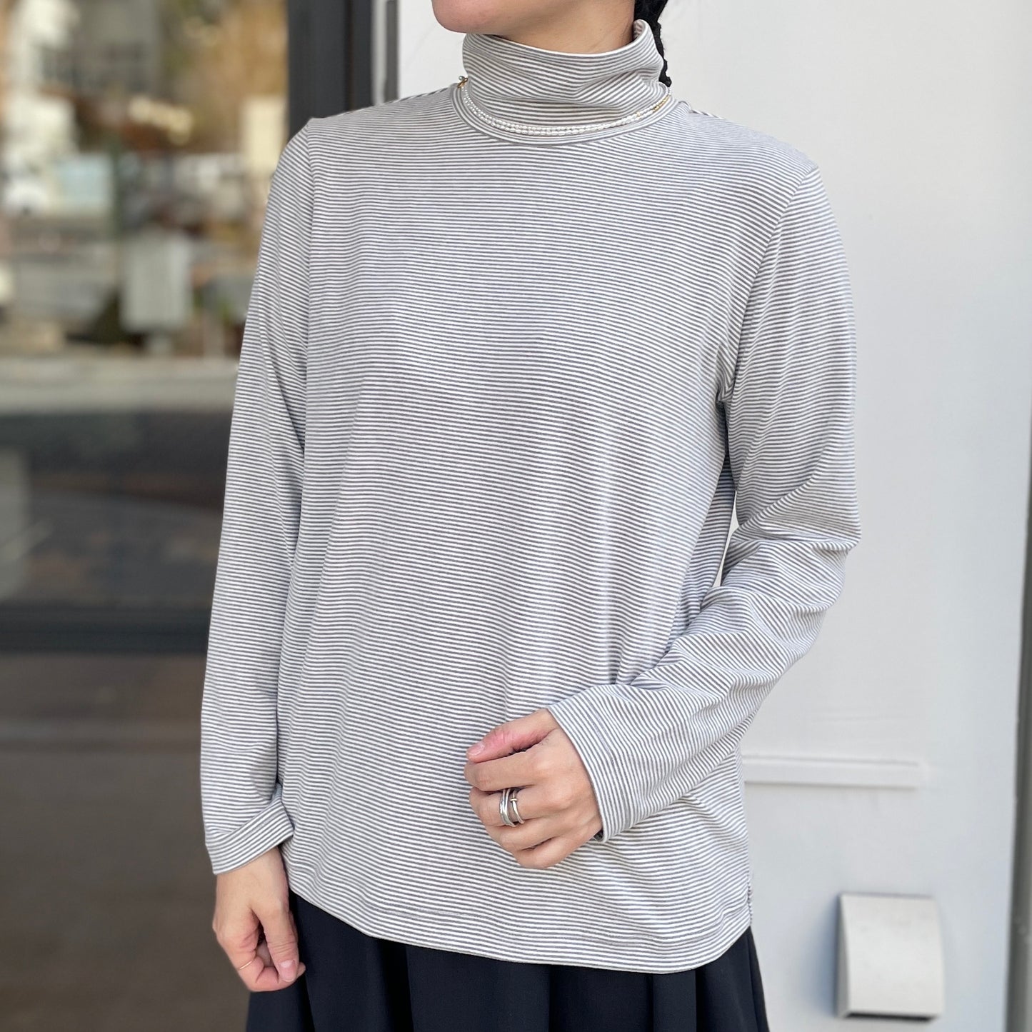 2カラー細ボーダー ハイネックプルオーバー