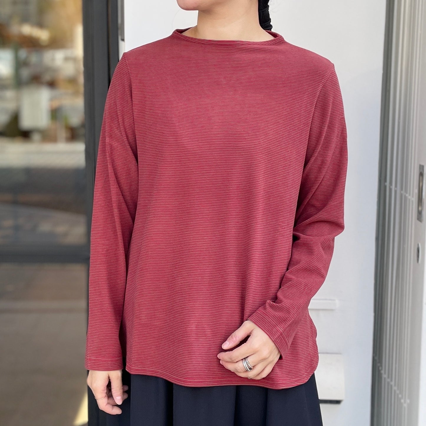 2カラー細ボーダー ボトルネックプルオーバー